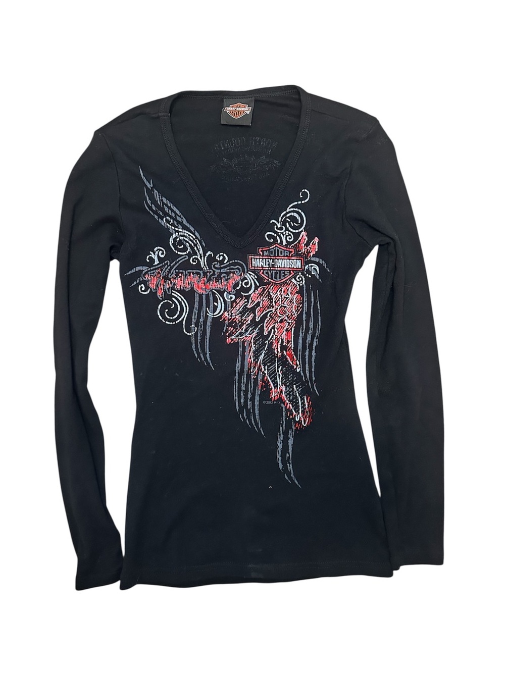Harley-Davidson Black Long Sleeve V-Neck Top with Red and Gray Graphic